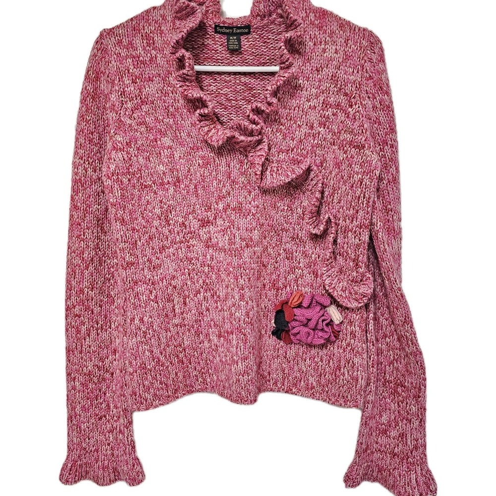 Sydney Easton Pink Red Crochet Sweater With Ruffle Neckline Flower Size Medium
